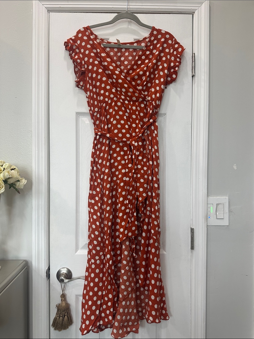 Polka Dot Rust Wrap high low Dress - Women's